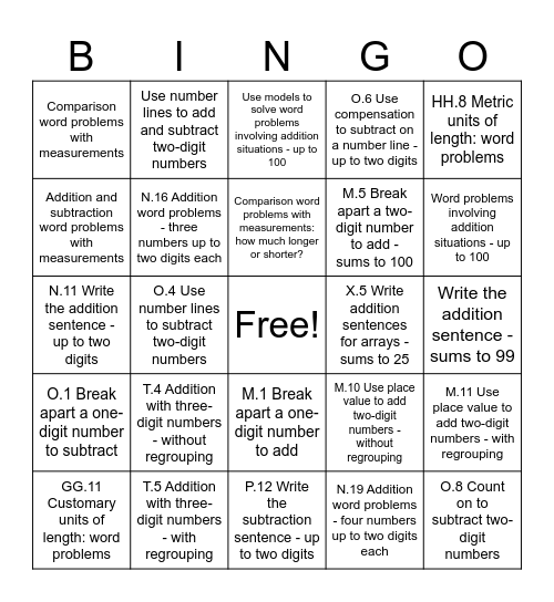 IXL Math BINGO Card