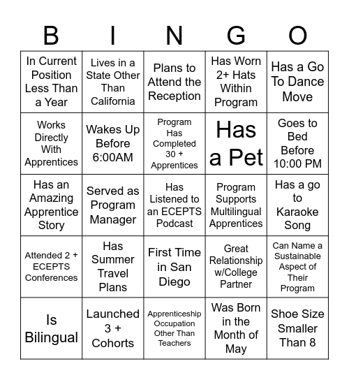 Apprenticeship 201 Bingo Card