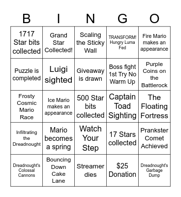 Super Mario Galaxy Charity Stream Bingo Card