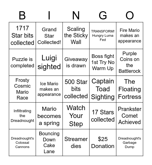 Super Mario Galaxy Charity Stream Bingo Card