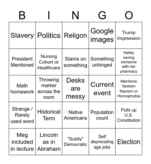 History Bingo Card