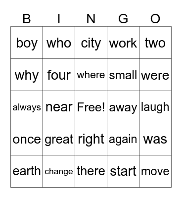 Unit 8 High Frequency Words Bingo Card