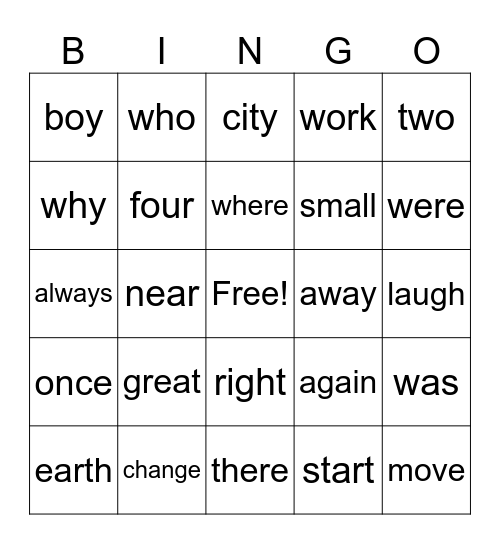 Unit 8 High Frequency Words Bingo Card