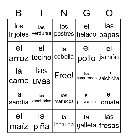 Bingo La comida Bingo Card