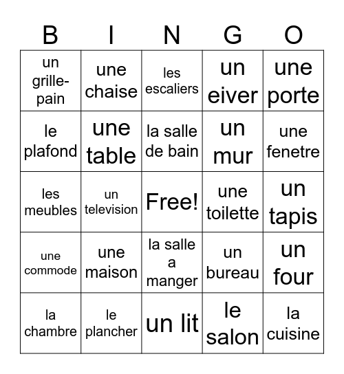 Un Maison Vocabulary Bingo Card