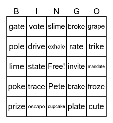 Magic E Bingo Card