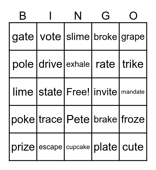 Magic E Bingo Card