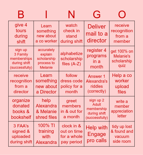 Welcome Center Bingo Card