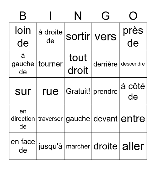 BHS Fr 2 Les indications et les verbes Bingo Card