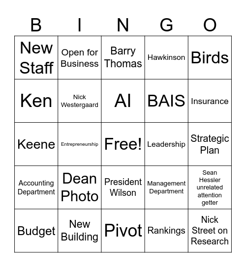 All College Meeting Bingo Card