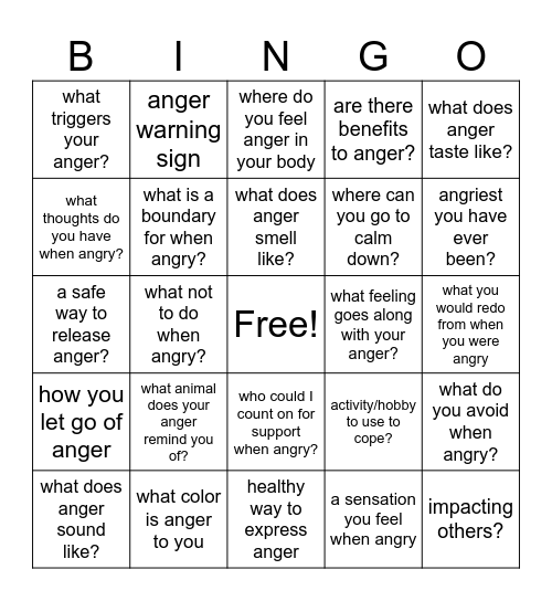 Anger Bingo Card