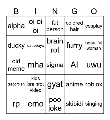 Cringe Bingo Card