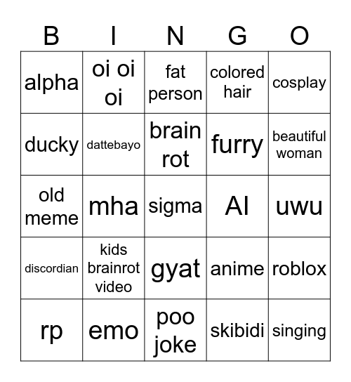 Cringe Bingo Card