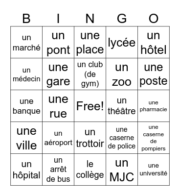 BHS Fr 2 En ville Bingo Card