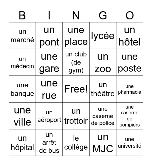 BHS Fr 2 En ville Bingo Card