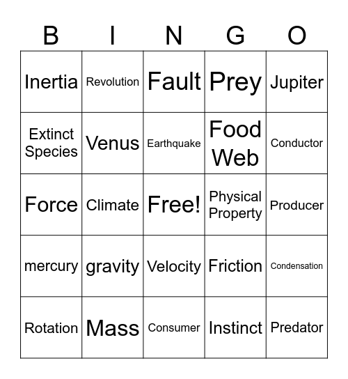 Science End of the year review Bingo Card