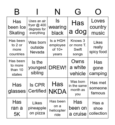 Icebreaker Bingo: Find Someone Who is most similar to DREW Bingo Card