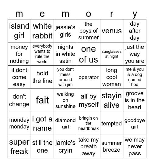 memory Bingo Card