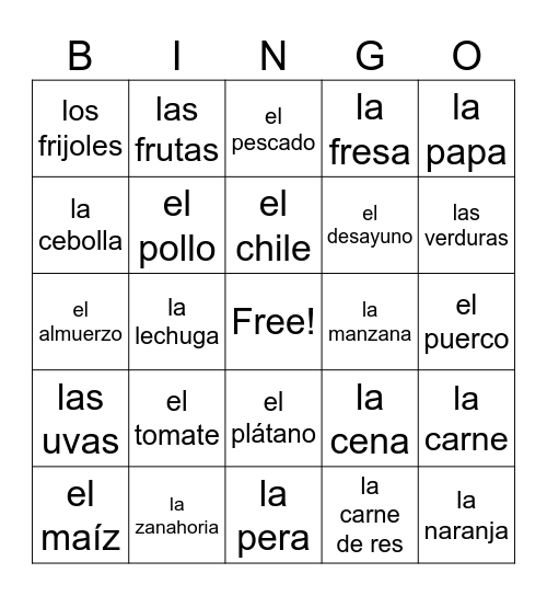 La comida Bingo Card