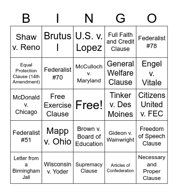 AP  Government & Politics Mandatories & Clauses Review Bingo Card