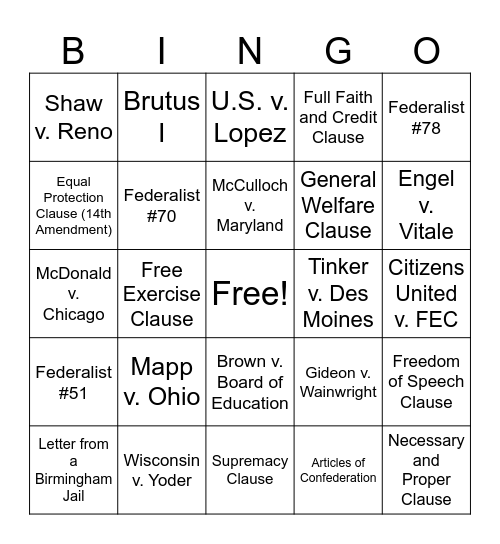 AP  Government & Politics Mandatories & Clauses Review Bingo Card