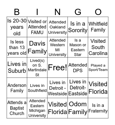 Whitfield/ Odom Family Bingo Card