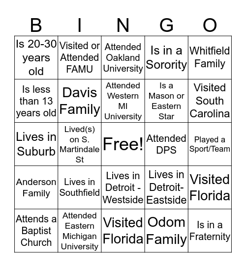Whitfield/ Odom Family Bingo Card