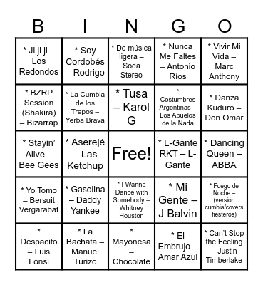 Bingo Musical Bingo Card