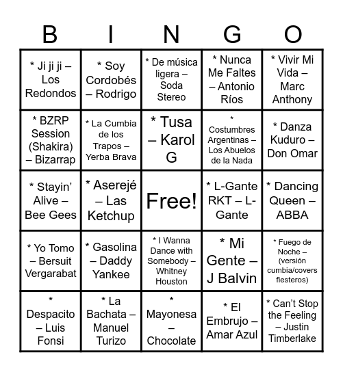 Bingo Musical Bingo Card