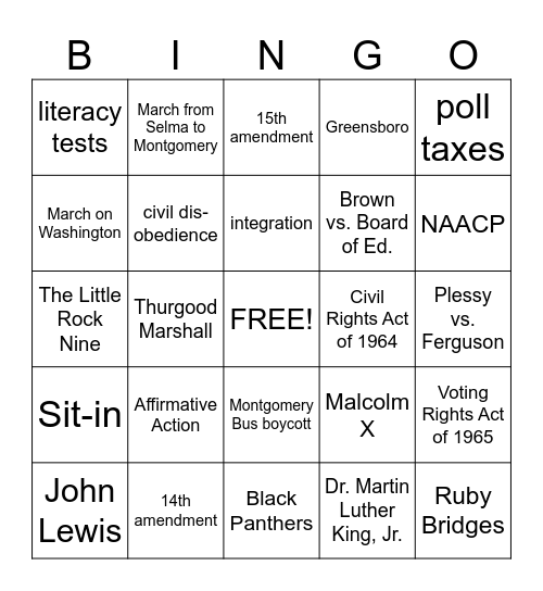Civil Rights Bingo Card