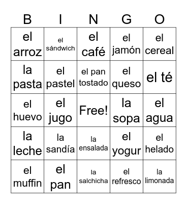 Comida y bebida Bingo Card