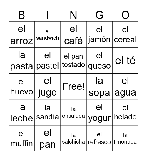 Comida y bebida Bingo Card