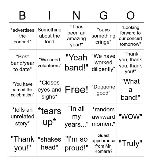Band Banquet Bingo Card