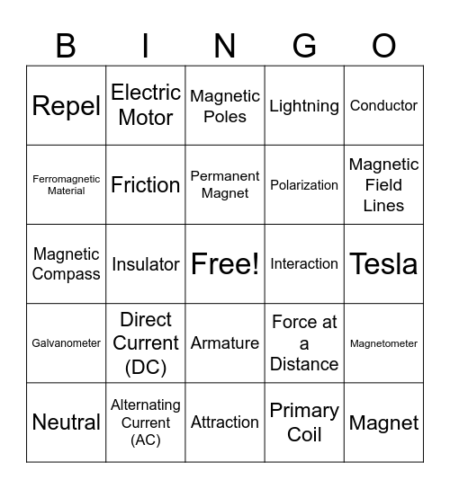 Electricity and Magnetism Bingo Card