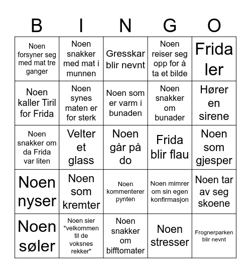 Fridas konfirmasjonsbingo Card