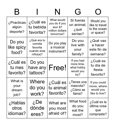 Spanish / English Bingo Card