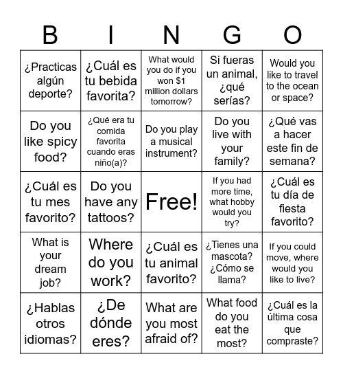 Spanish / English Bingo Card