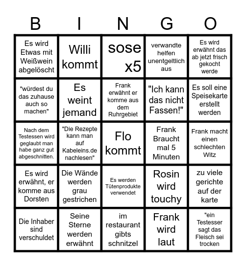 Rosins Restaurant Bingo Card