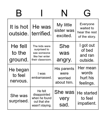 Show Don't Tell Bingo Card