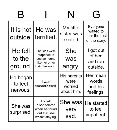 Show Don't Tell Bingo Card