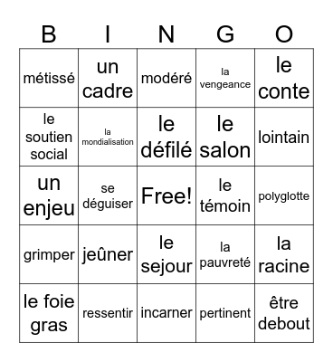 Vocabulaire Unités 1-4 Bingo Card