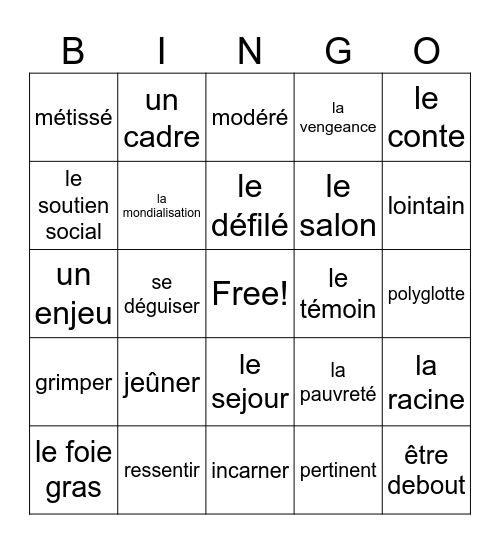 Vocabulaire Unités 1-4 Bingo Card