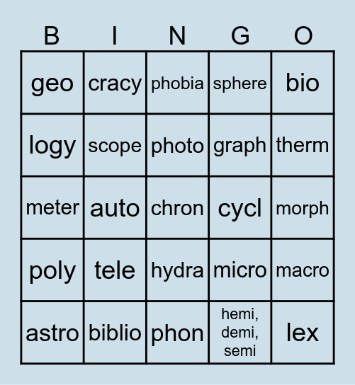 Greek Combining Forms Bingo Card