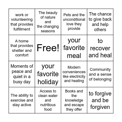 Gratitude Bingo Card