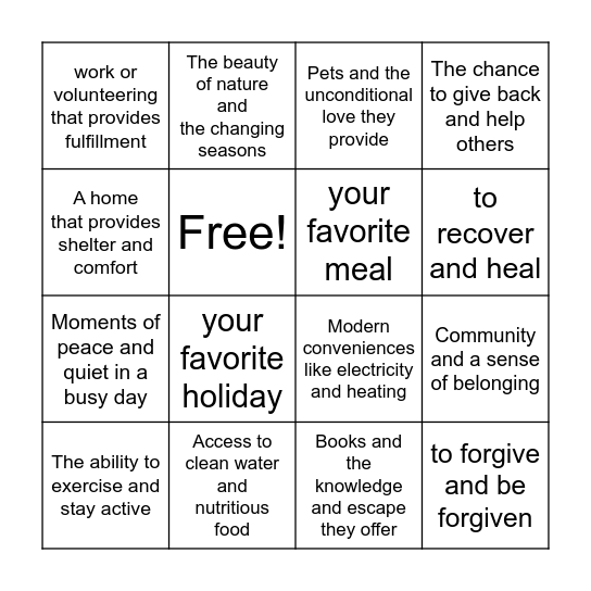 Gratitude Bingo Card