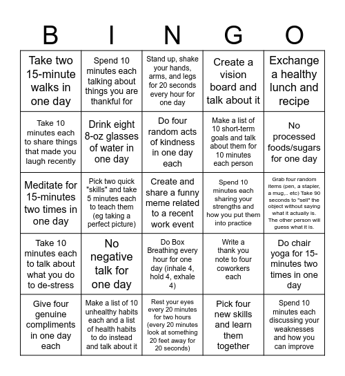 Wellness BINGO Card