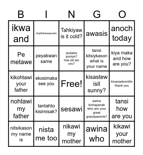 Cree Dialogue Bingo Card