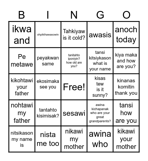 Cree Dialogue Bingo Card