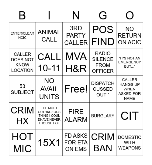 DISPATCH Bingo Card