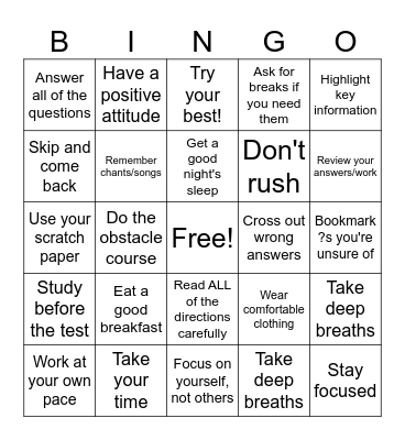 Test Taking Skills! Bingo Card
